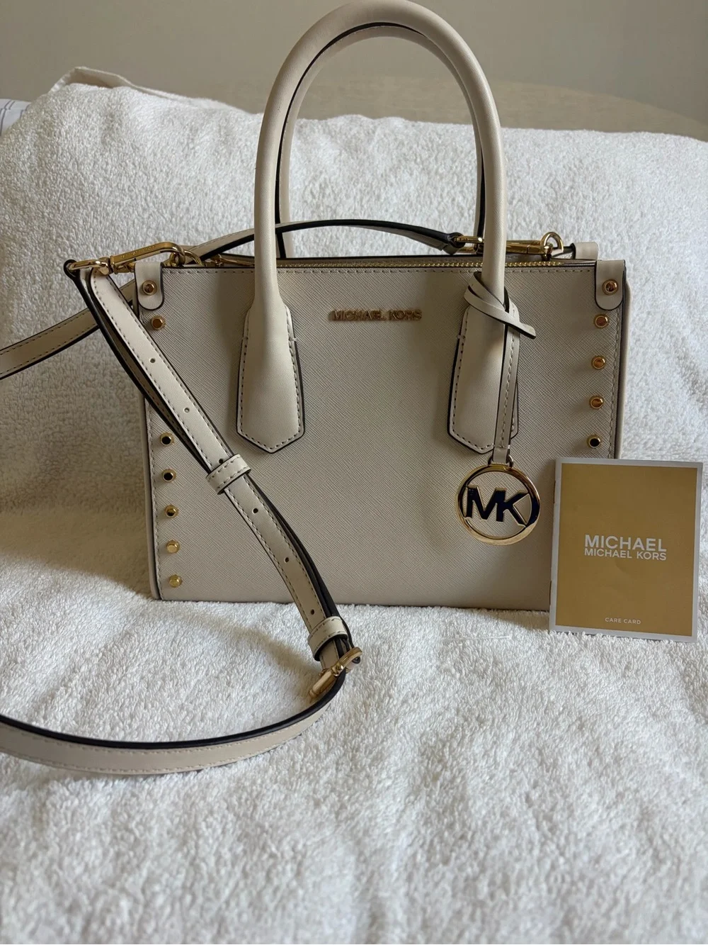 Michael Kors Cream Structured Saffiano Satchel with Gold Accents